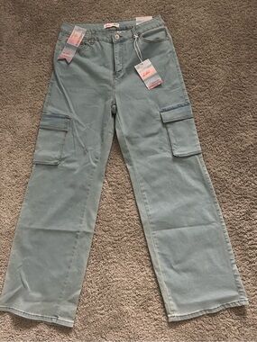 Lilac Sunset Juniors Blue Denim Cargo Pants Straight Leg Mid Rise Size 13